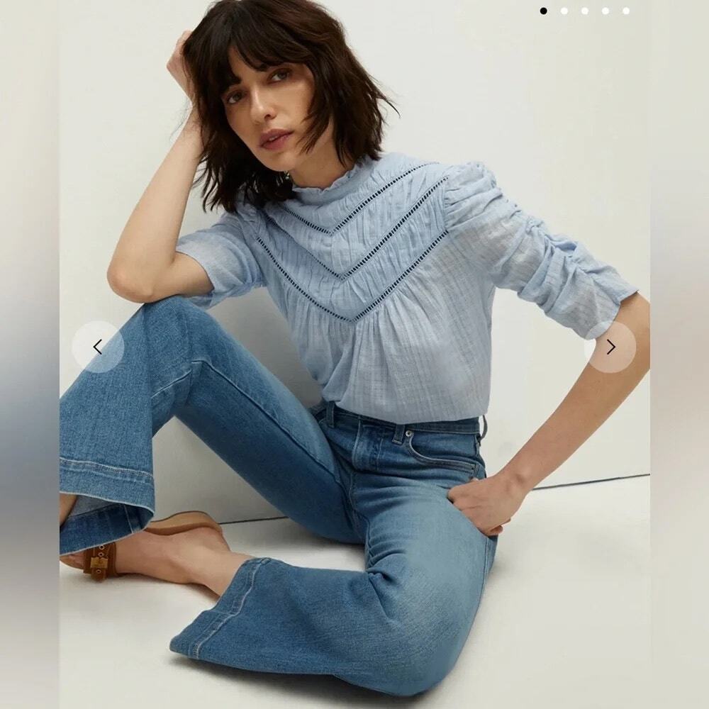 Veronica Beard Frasier Blouse Blue Mist Ruffle Neck Ladder Stitch Size 6